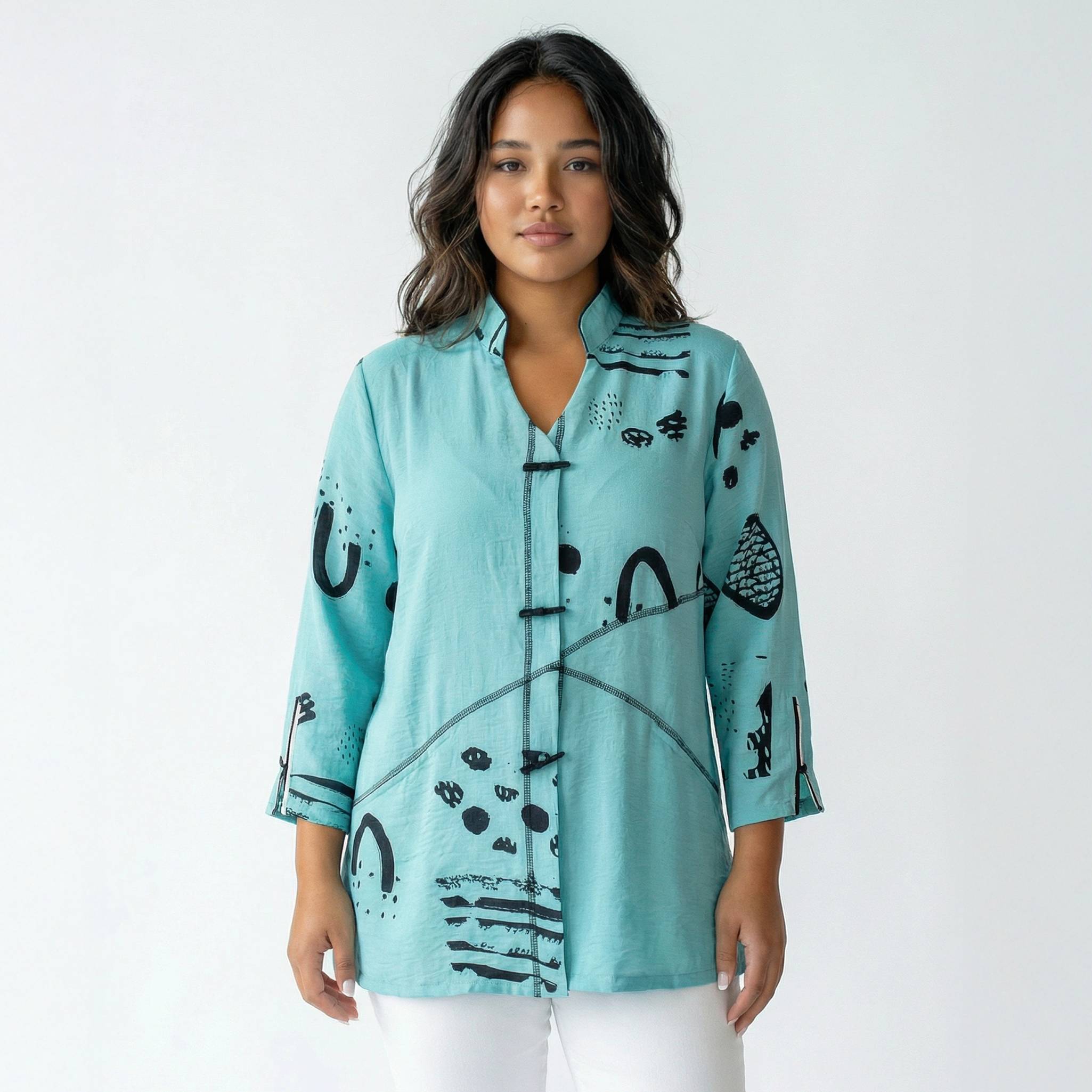 Brushstroke Collared Button-Front Tunic Shirt, Wired Collar, 3/4 Sleeves - Northstyle Catalog