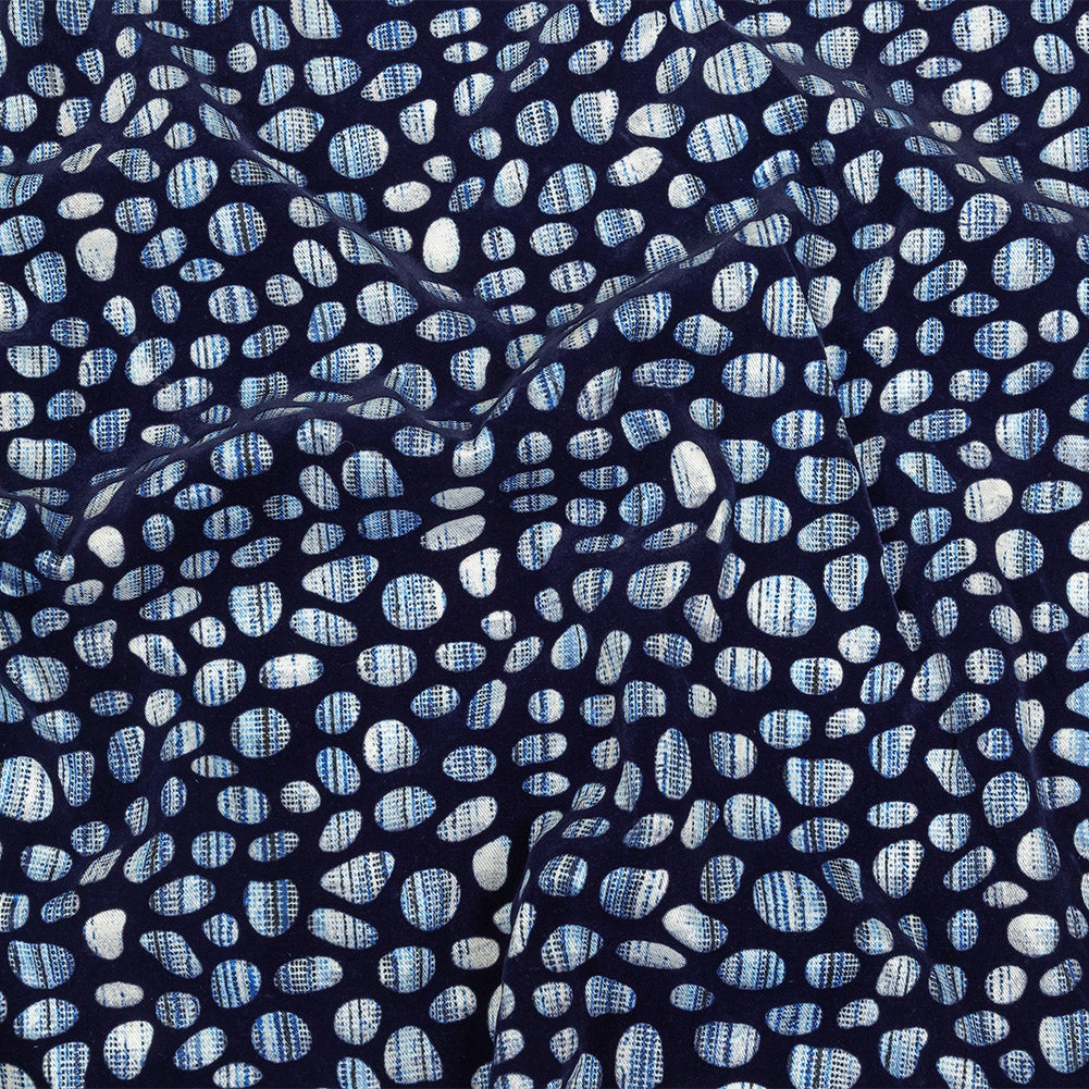Navy Flocked Bubbles on Blue and White Distressed Stripes Printed Stretch Cotton Twill - Joann Fabrics