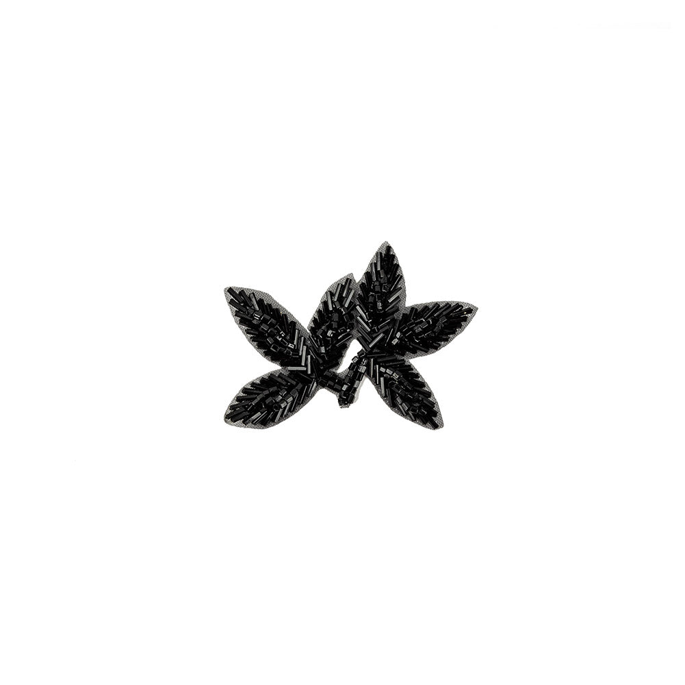 Vintage Black Bugle and Seed Beaded Foliage Applique - 2.25