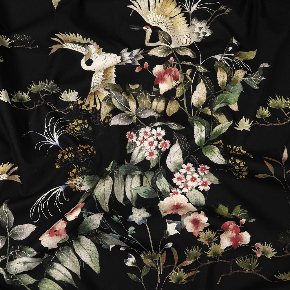 Cotton Poplin - Black and Green Birds and Flowers - La Grande Tournee Print - Mood Exclusive Jacques Collection - Joann Fabrics