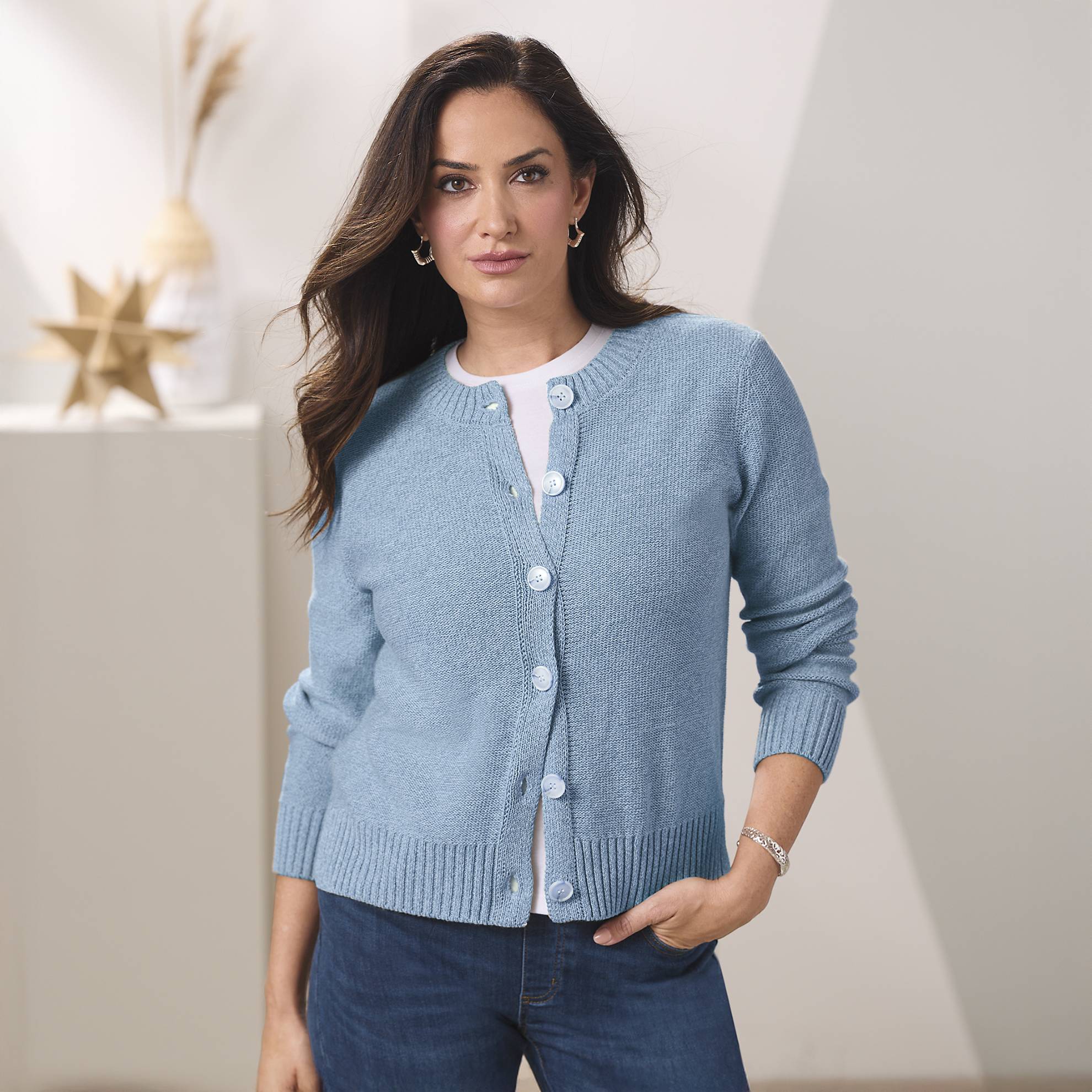 Organic Cotton Marled Button-Front Cardigan, Shorter Length - Northstyle Catalog