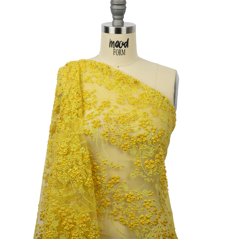 3D Puffy Glitter Tulle - Lemon and Mustard Floral Stripes - Joann Fabrics