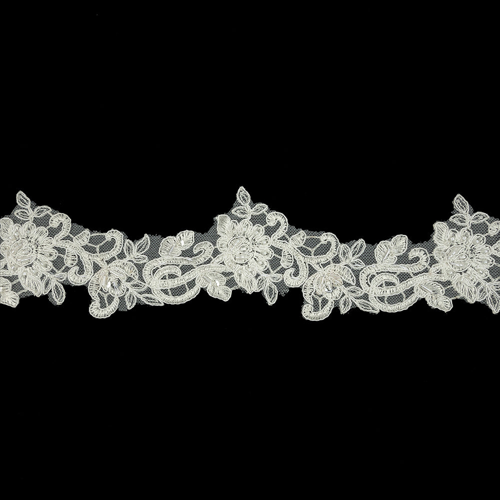 Off White Floral Beaded Bridal Lace Trim with White Cording - 2.5