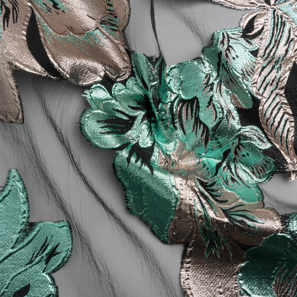 Metallic Rose Gold, Aqua and Black Fantastic Flowers Luxury Burnout Brocade - Joann Fabrics