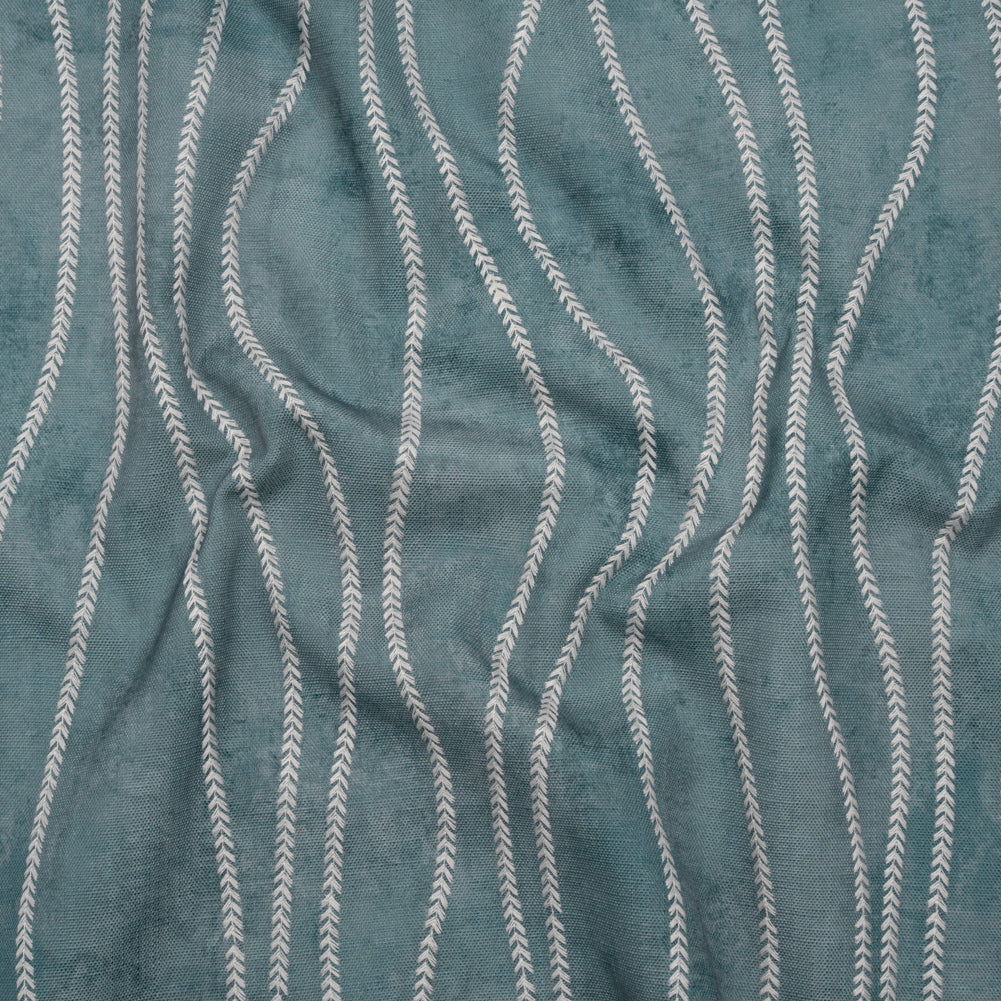 Embroidered Linen-Look Polyester Drapery Woven - Denim Leafy Wavy Lines and Watercolor Texture - British Imported - Joann Fabrics