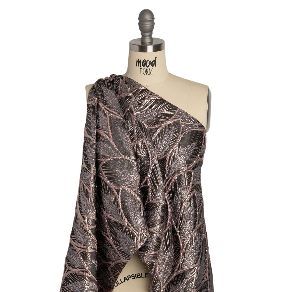 Metallic Dusty Rose, Silver and Black Decorated Feathers Luxury Brocade - Joann Fabrics