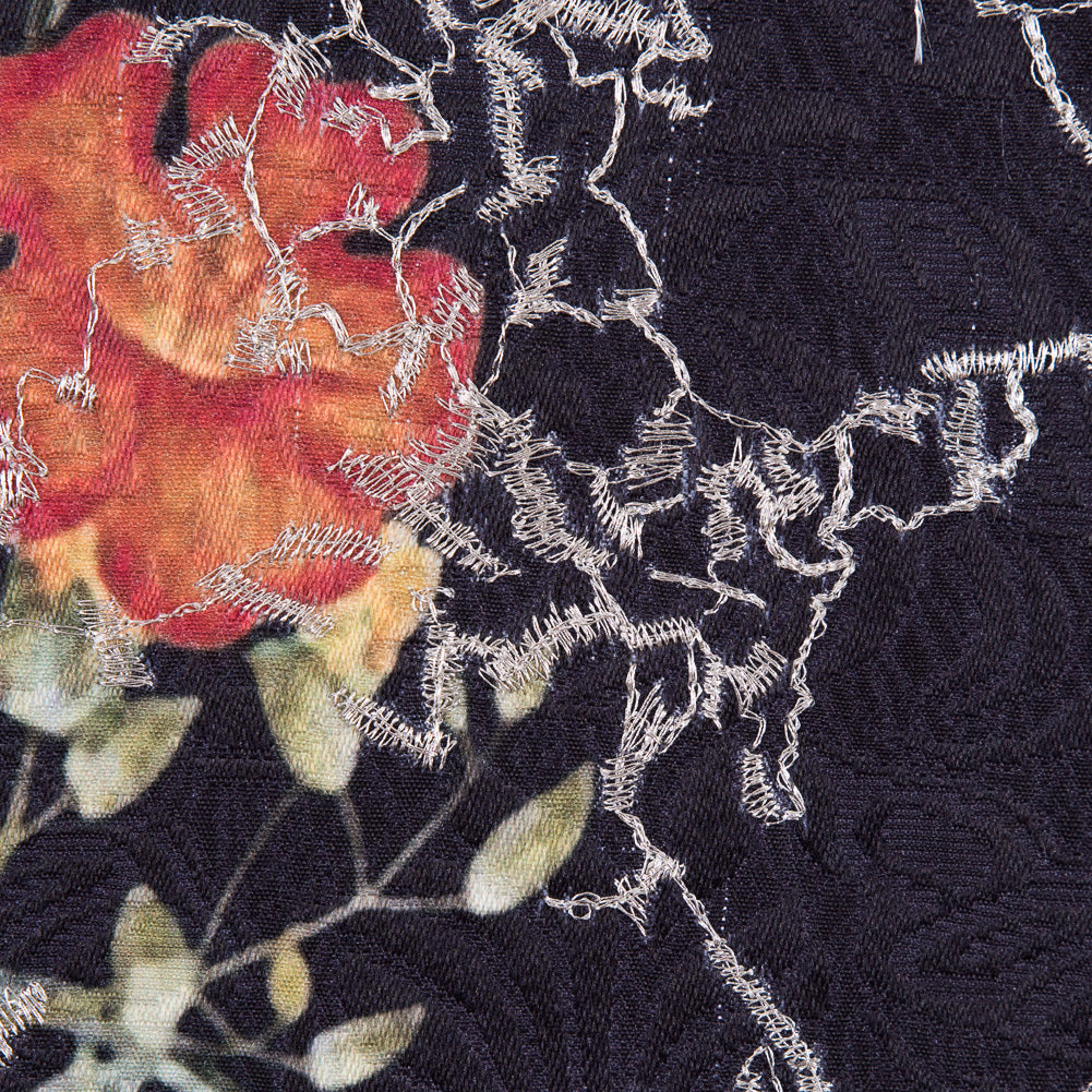 Floral Digitally Printed Butterfly Jacquard with Silver Metallic Embroidery - Joann Fabrics