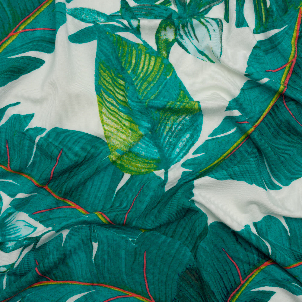 Stretch Rayon Jersey Print - Ocean Green, Lime and Pink Lush Tropical Leaves - Designer Deadstock - Joann Fabrics