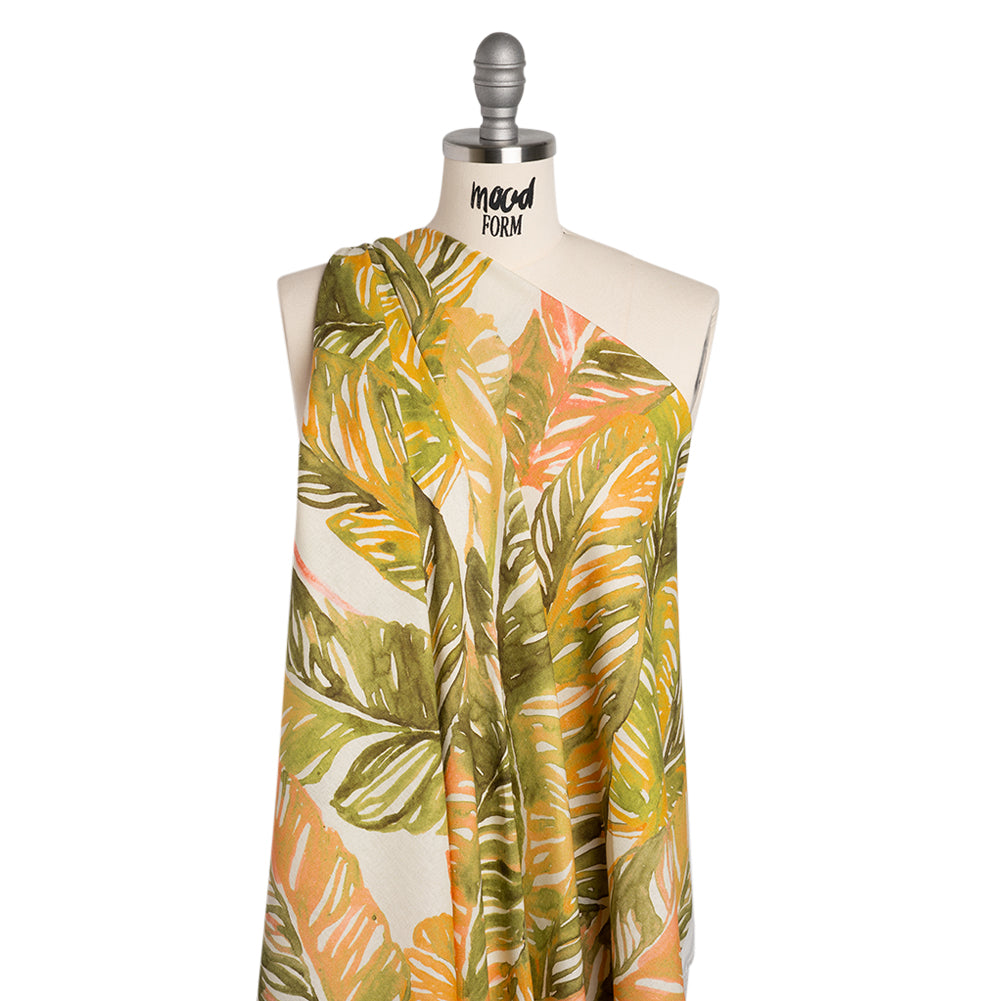 Linen and Rayon Woven - Green and Peach Tropical Leaves - Mood Exclusive Monsterosa Print - Joann Fabrics