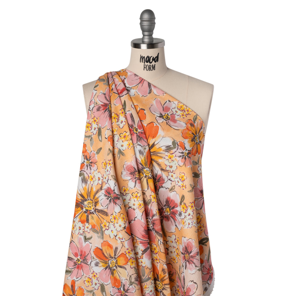 Slubbed Gauzy Cotton Woven - Light Pink, Creamsicle and Sun Yellow Floral - Mood Exclusive Hibiscus Heatwave Print - Joann Fabrics