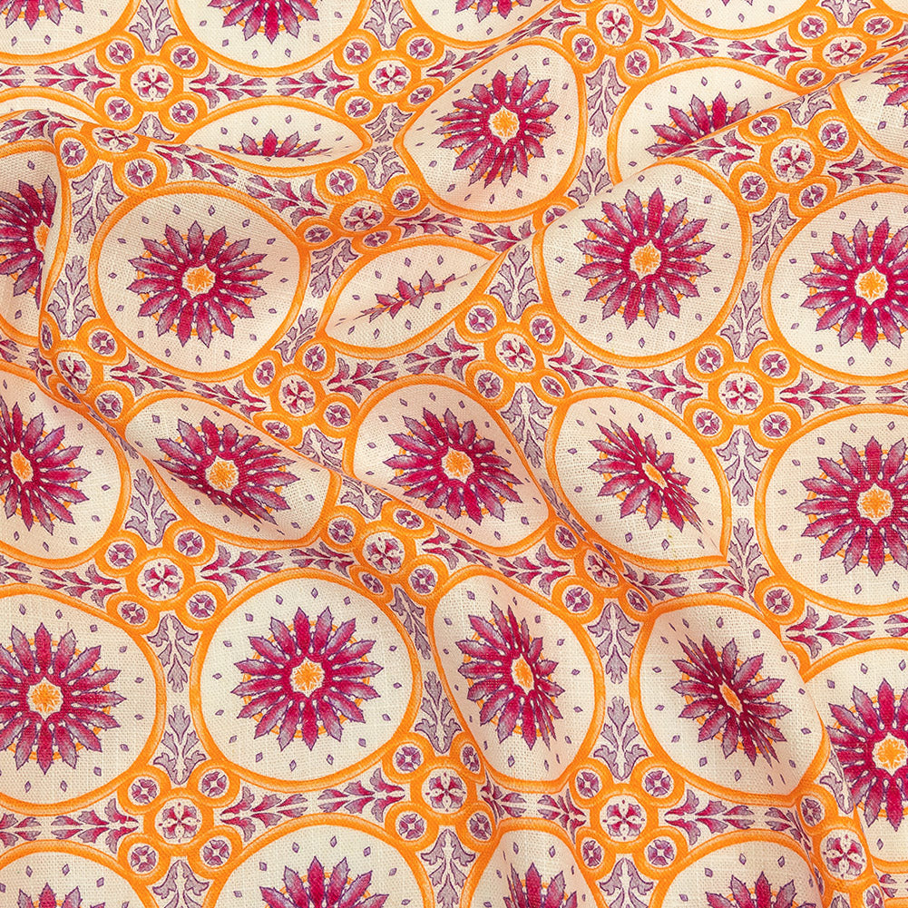 Viscose and Linen Woven Print - Magenta and Orange Floral Tiles - Mood Exclusive Sao Bento - Joann Fabrics