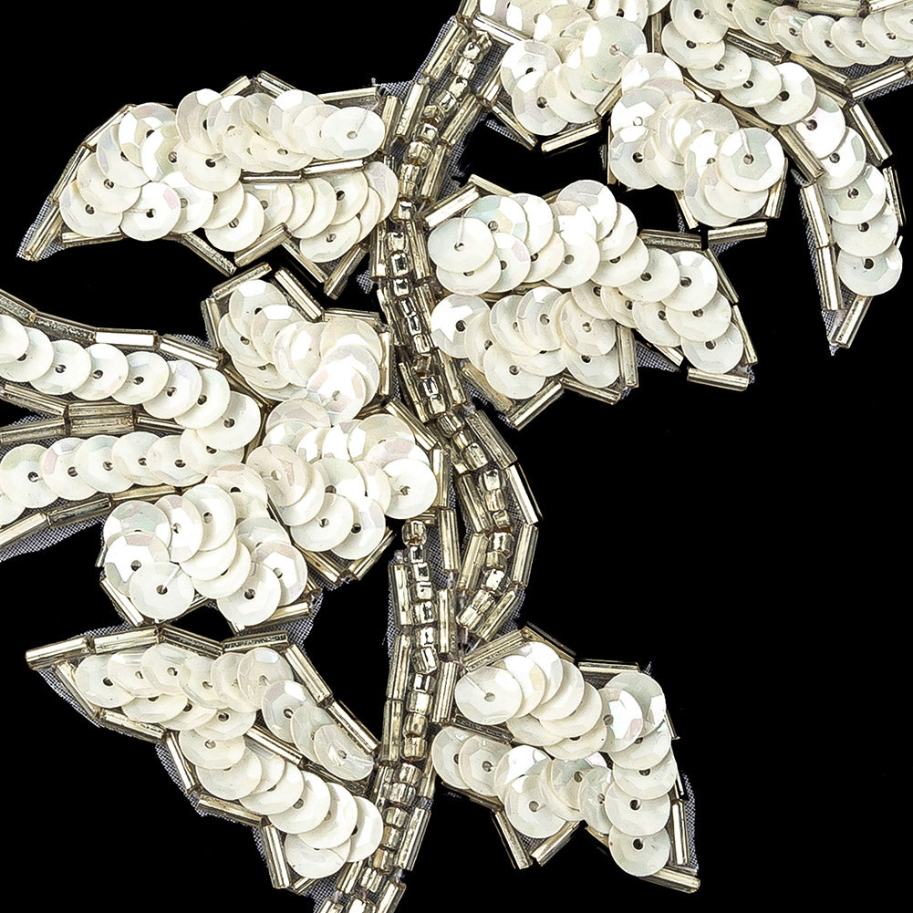 Vintage White Iris Sequins and Silver Bugle Beaded Floral Applique - 4.75
