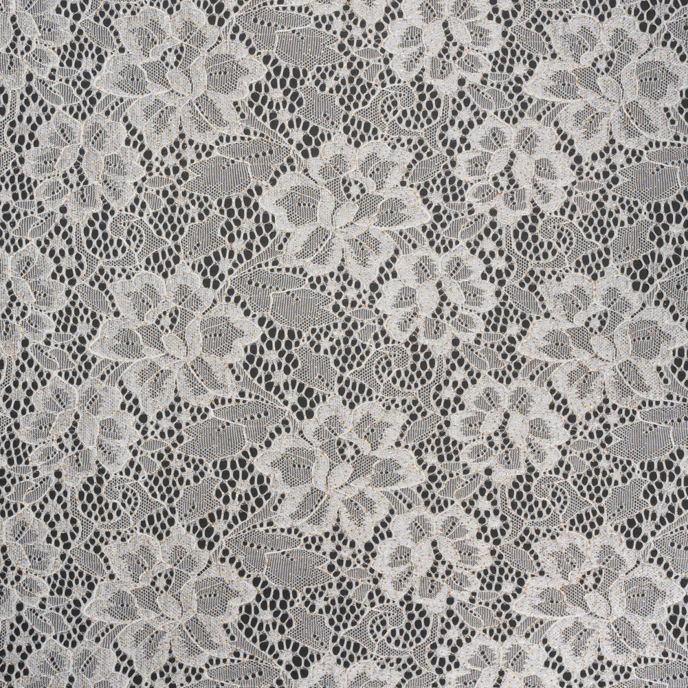 Stretch Corded Raschel Lace with All-Over Glitter - Candlelight Beige on White Floral - Joann Fabrics