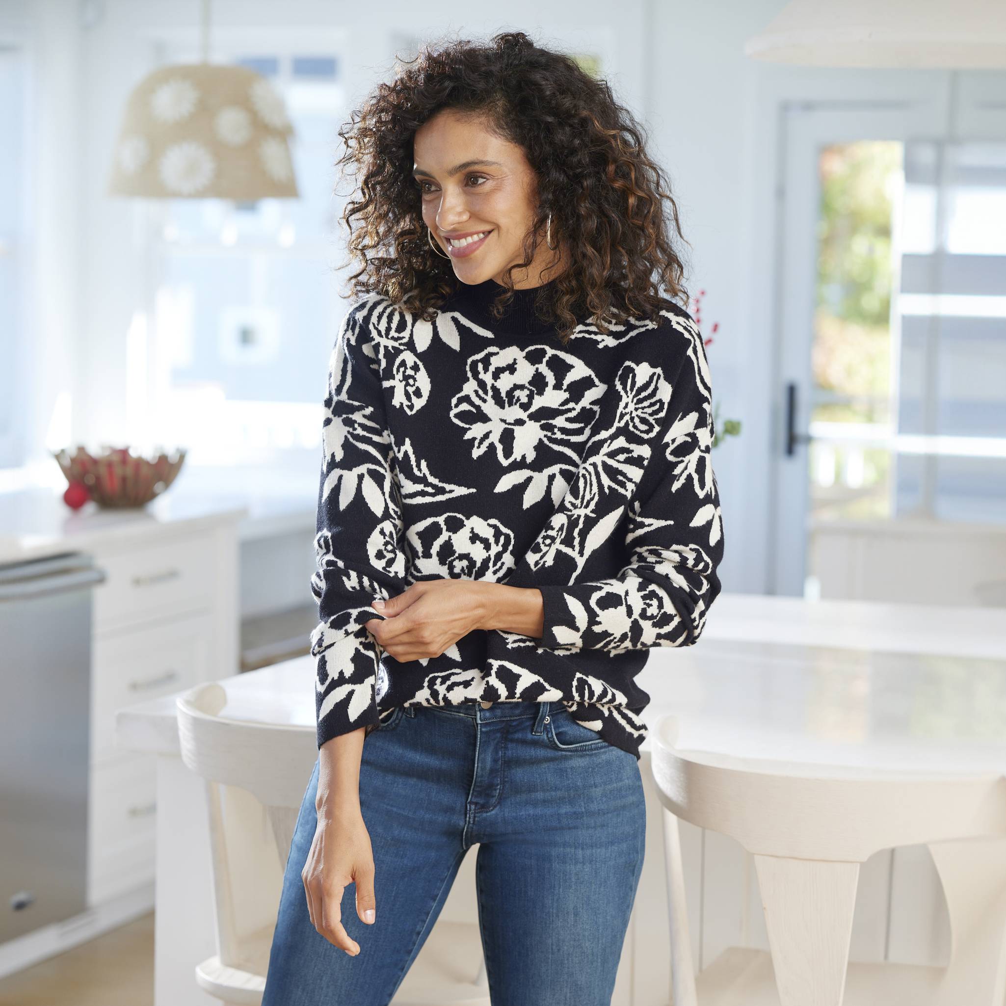 Floral Jacquard Sweater, Ultrasoft, Ribbed Neck, Long Sleeves - Northstyle Catalog