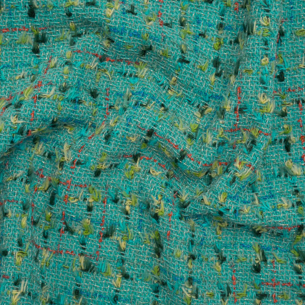 Metallic Wool Blend Tweed with Fringe-Like Inclusions Made in Italy - Teal, Green and Gold Checks - Deadstock - Joann Fabrics