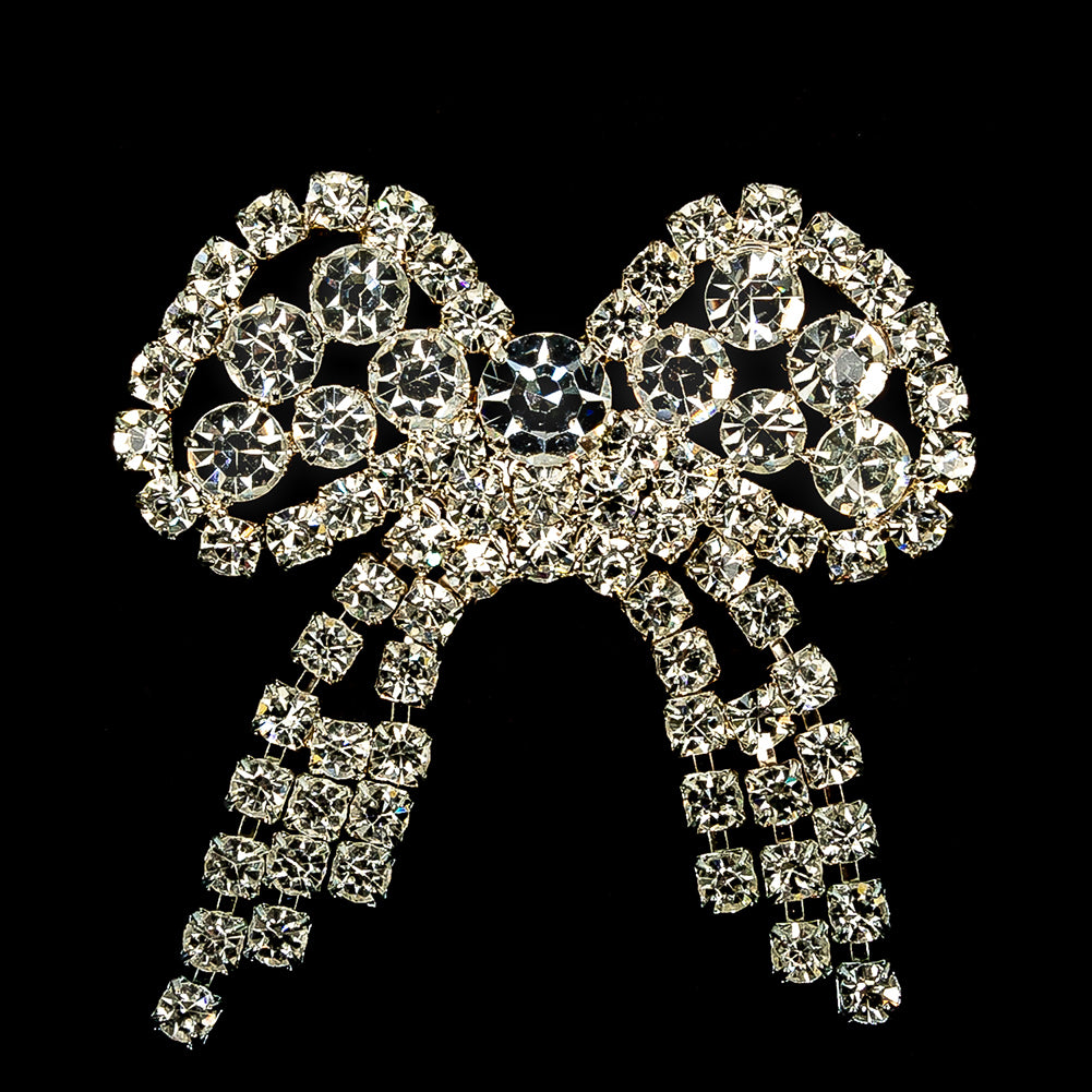 Vintage Czech Crystal Rhinestones and Silver Metal Bow Dress Ornament - 1.75