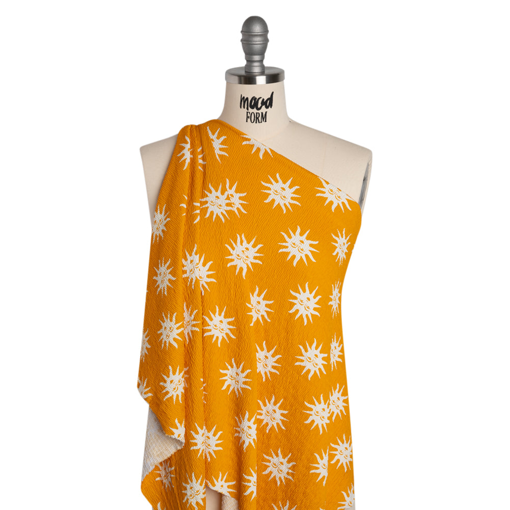 Stretch Ruched Nylon Jersey - Marigold Yellow and White Suns with Faces - Designer Deadstock - Joann Fabrics