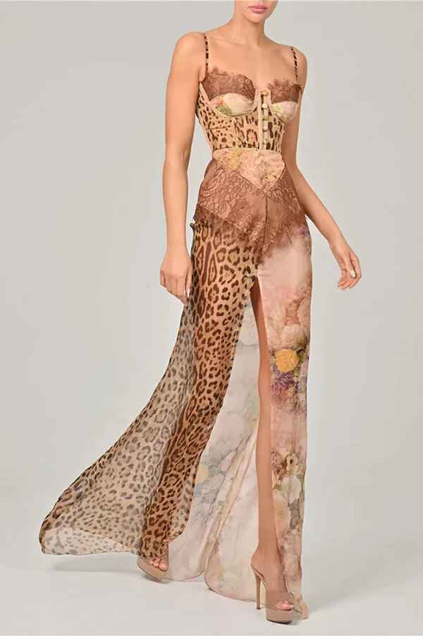 Chiffon Leopard Print Sexy Lace Splicing High Slit Slim Maxi Dress