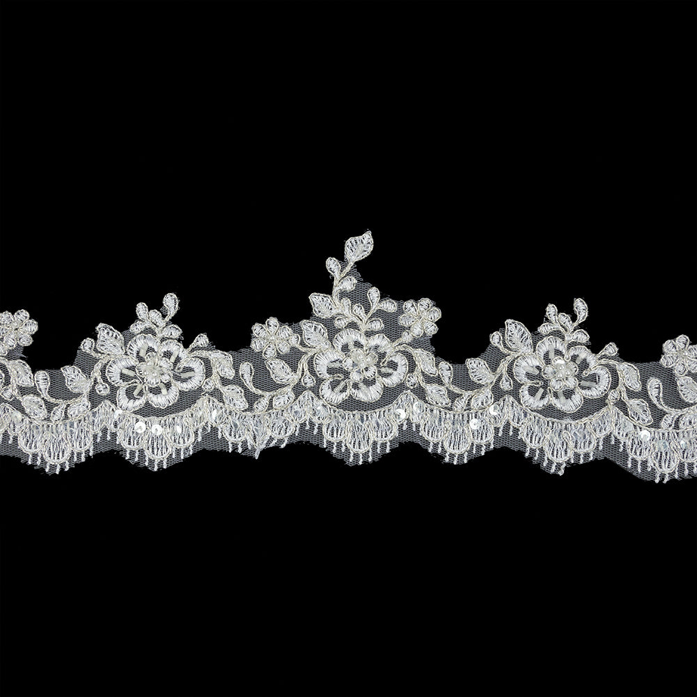 White and Metallic Silver Floral and Fringed Scallops Corded Bridal Lace Trim with Faux Pearl Beads - 3.5