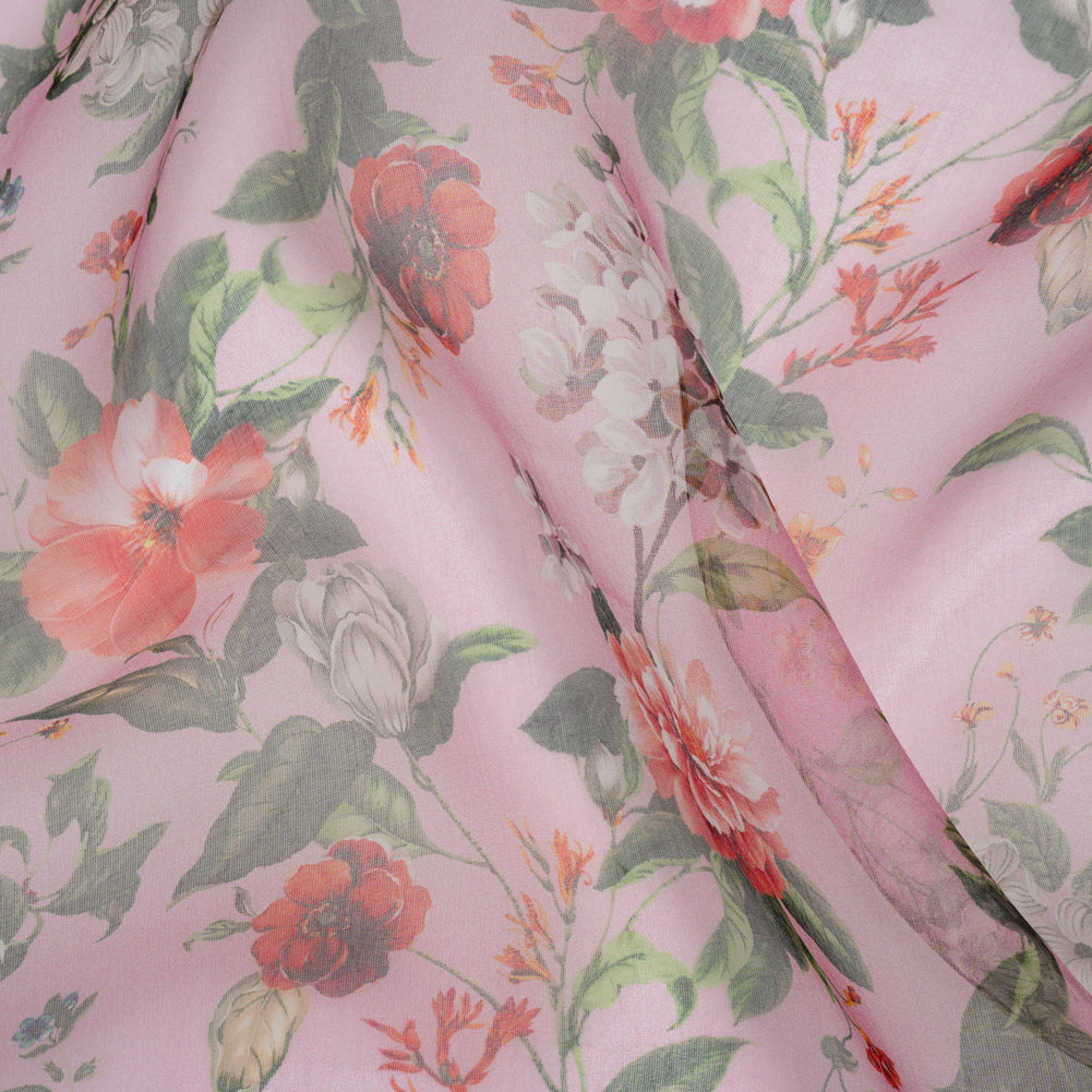 Silk Organza Print Made in Italy - Bubblegum Pink, Rose and Green Floral - Deadstock - Joann Fabrics