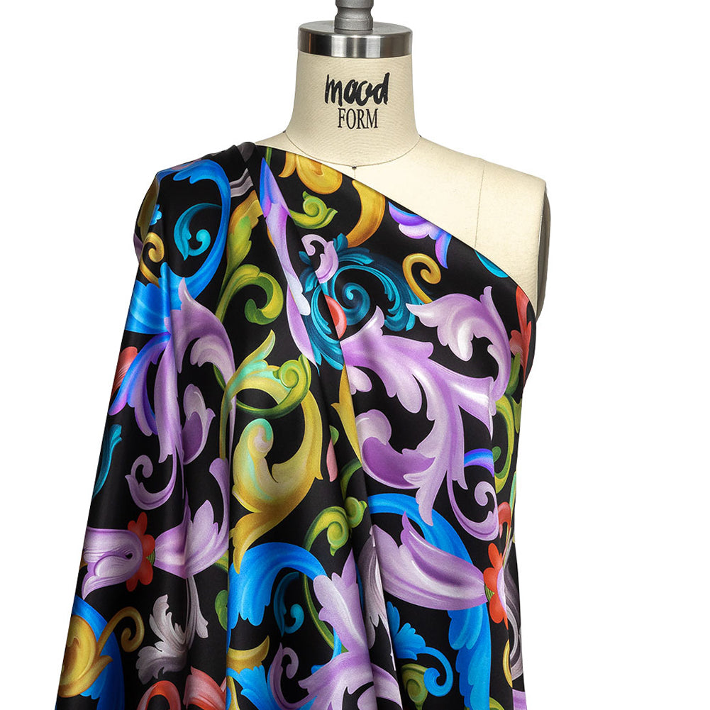 Mood Exclusive Italian Black and Rainbow Ornate Swirls Silk Charmeuse - Joann Fabrics