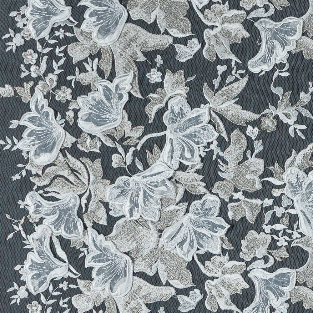 3D Embroidered Lace - White and Pale Gold Floral on White Netting - Joann Fabrics