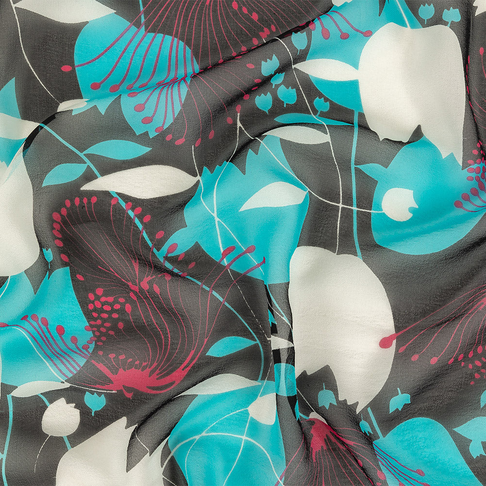 Turquoise, Black and Pink Tulips Silk Chiffon - Joann Fabrics