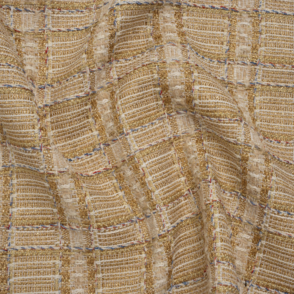 Metallic Polyester and Wool Tweed - Gold, Beige and Light Blue Subtle Plaid - Joann Fabrics
