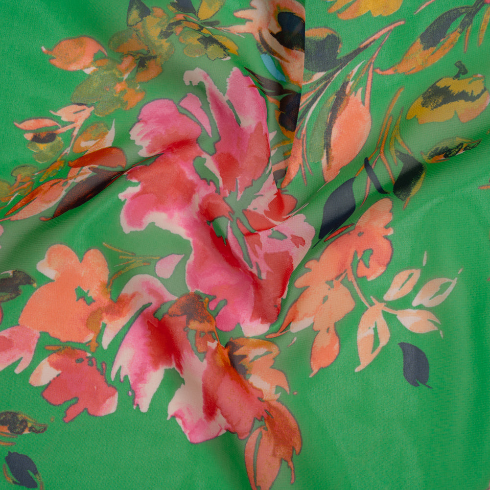 Polyester Chiffon Print - Kelly Green, Orange and Pink Watercolor Florals - Designer Deadstock - Joann Fabrics