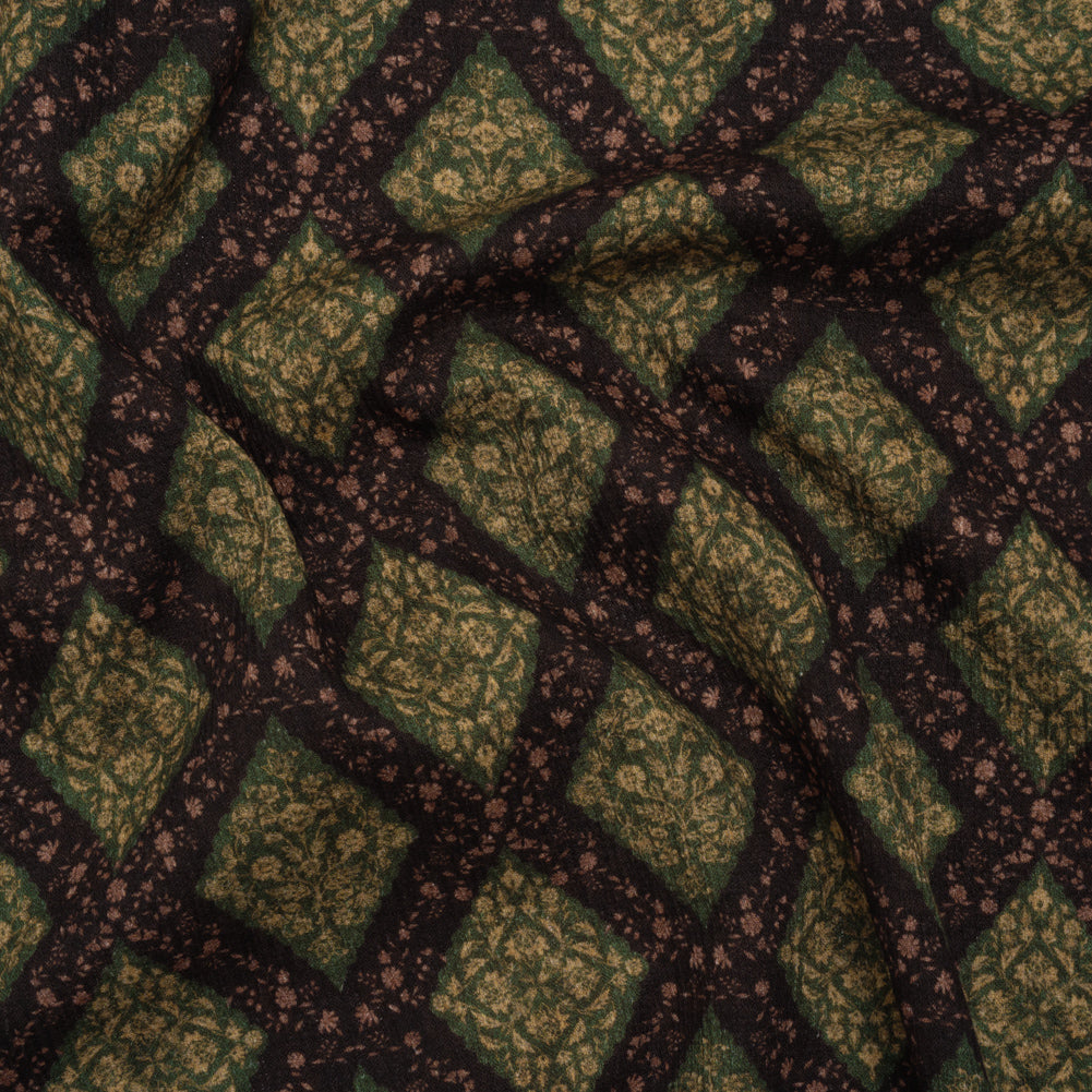 Slubbed Gauzy Cotton Woven - Dark Green, Black and Gilded Beige Small Floral Diamonds - Mood Exclusive Garden Grid Print - Joann Fabrics