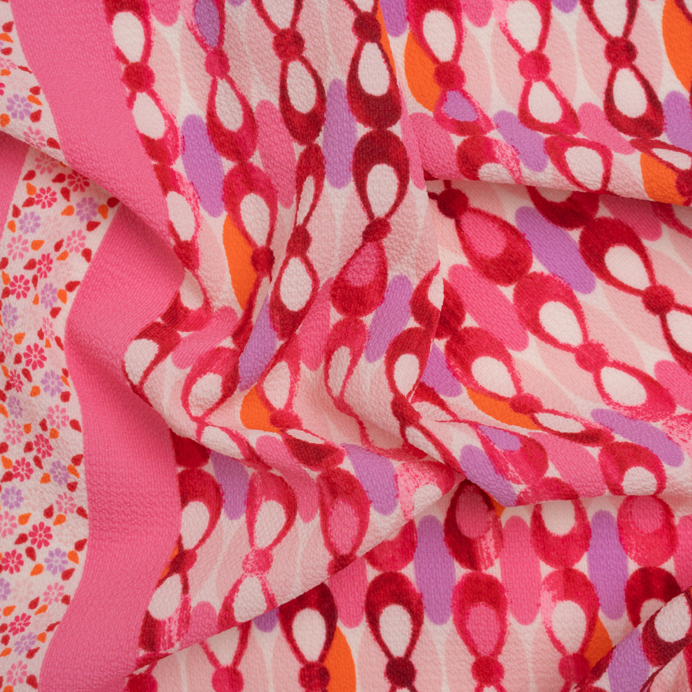 Stretch Puckered Polyester Crepe - Bubblegum Pink, Lavender and Magenta Rows of Bows and Floral Stripe Border - Designer Deadstock - Joann Fabrics