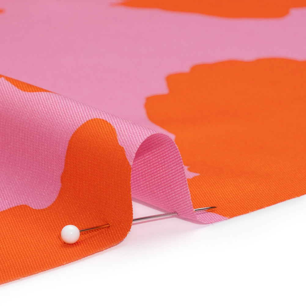 Polyester Twill - Pink and Red-Orange Florals and Striped Borders - Made in Italy - Joann Fabrics