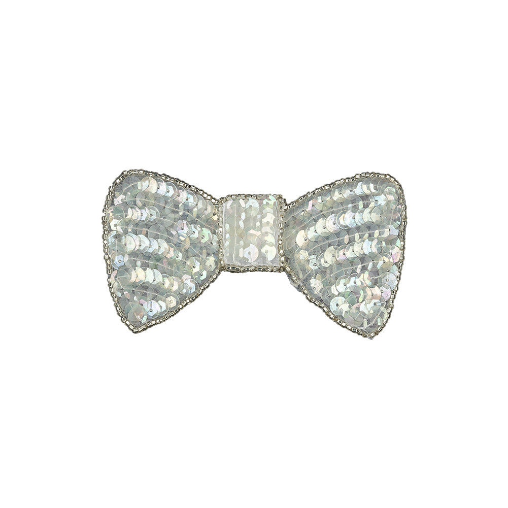 Vintage Iridescent White and Silver Lined Sequined and Beaded Bow Applique - 2.75
