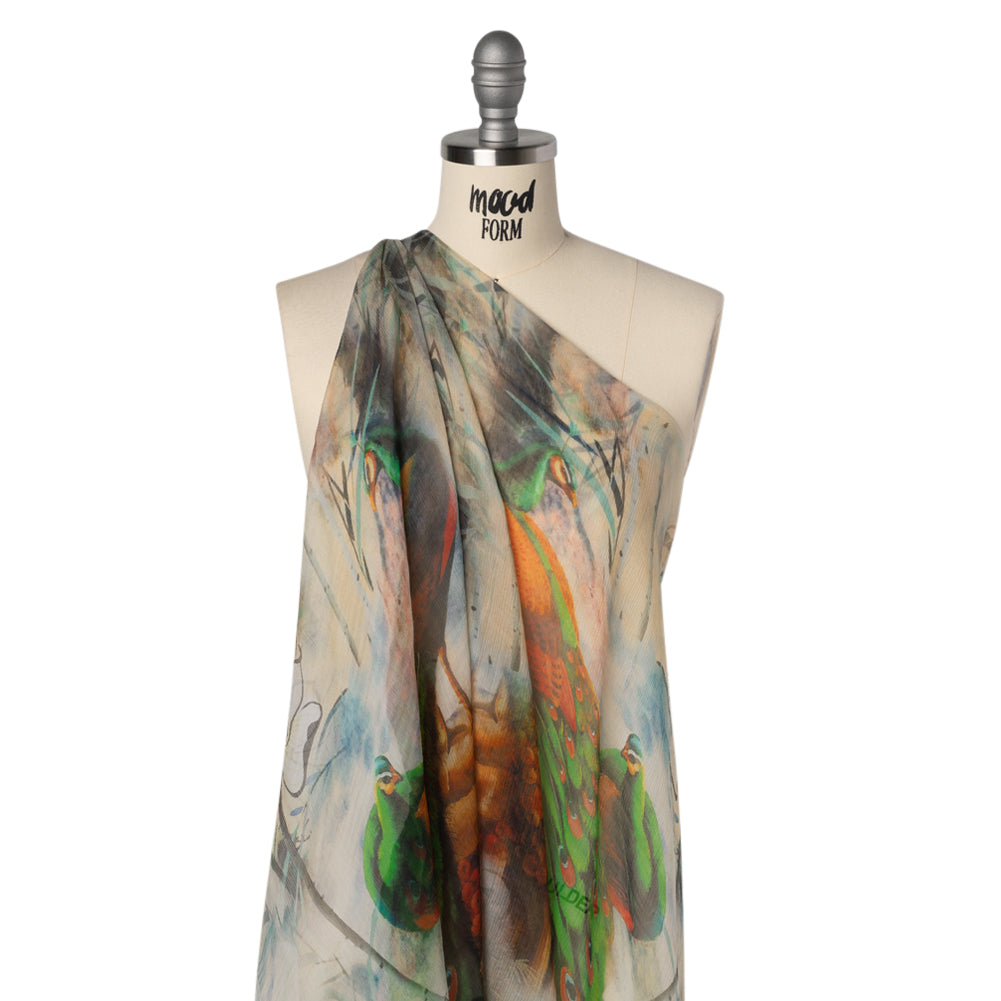 Crinkled Silk Chiffon Panel - Green, Pale Yellow and Gray Big Green Peacocks - Deadstock - Joann Fabrics