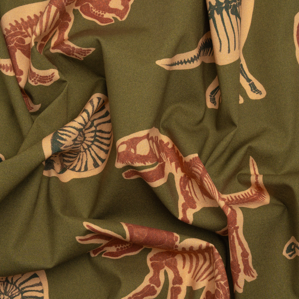 Stretch Cotton Poplin Print - Olive, Navy and Rust Dinosaur Bones and Fossils - Mood Exclusive Discovery Dig - Joann Fabrics