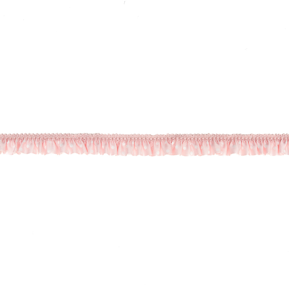 European Light Pink and White Polka Dot Ruffled Stretch Grosgrain .875