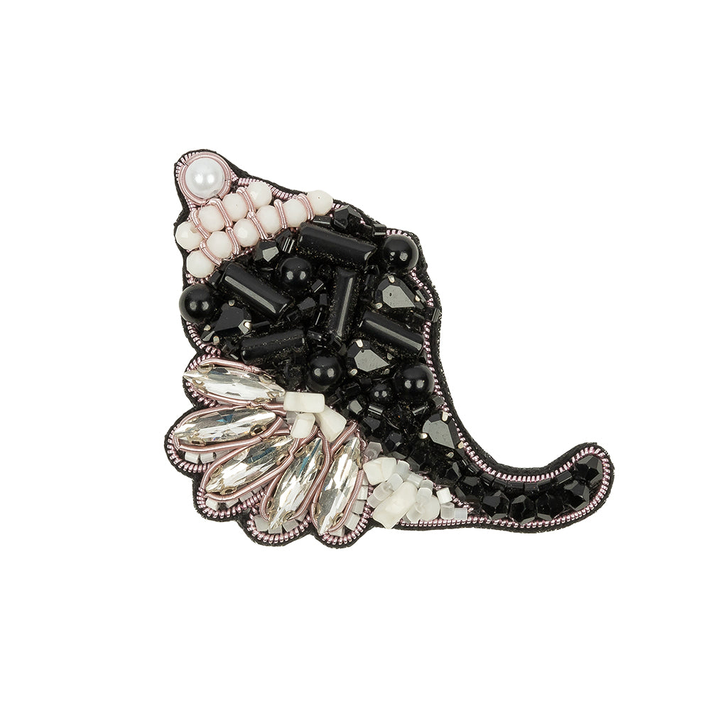 Black, White and Silver Conch Shell Rhinestone and Glass Beaded Applique - 3.13