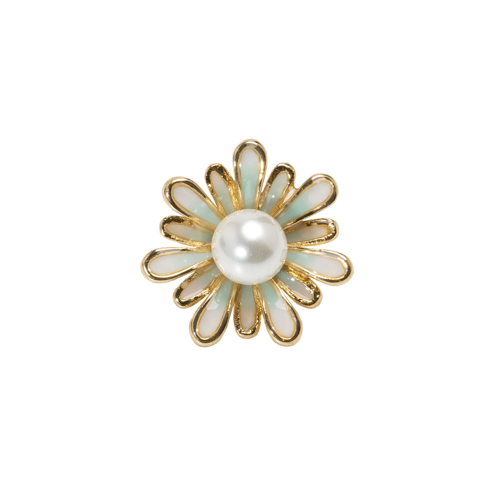 Enameled Metal and Pearl Shank Back Button - 30L/19mm - Green, Pearl White, and Gold Flower - Joann Fabrics