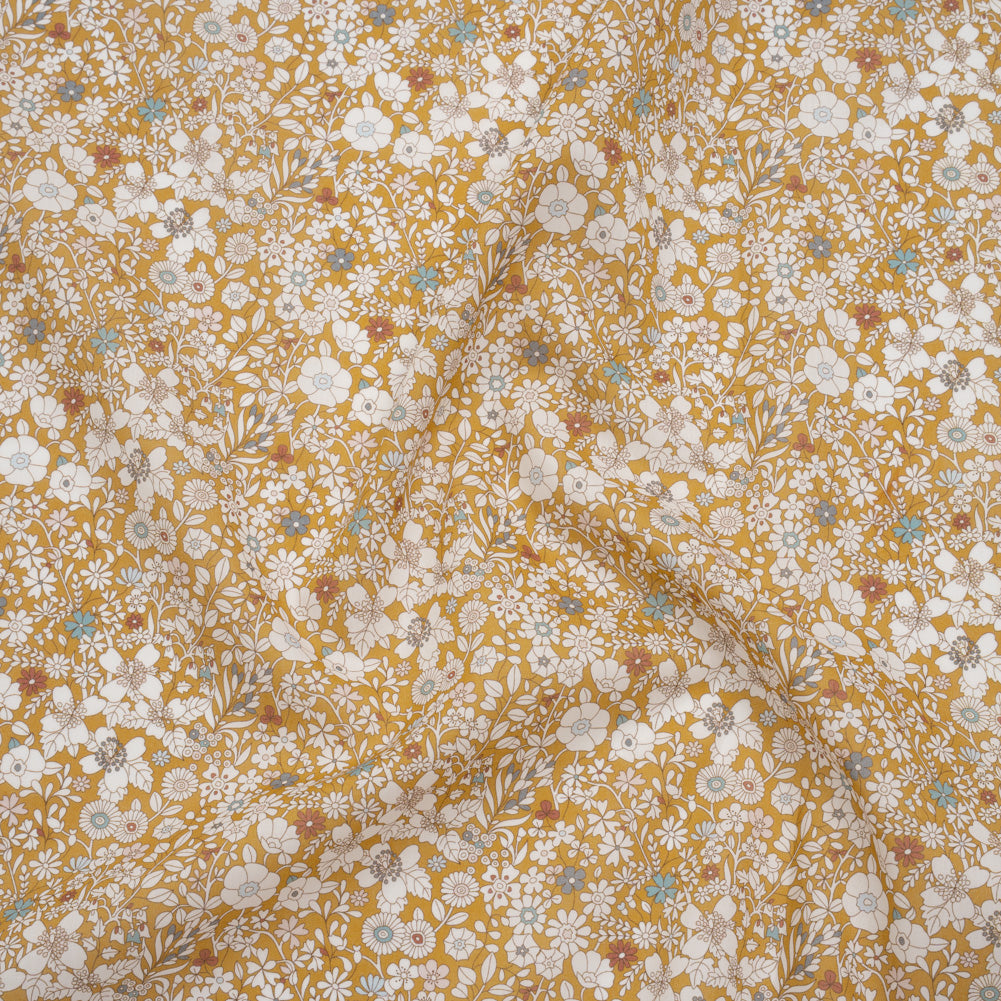Liberty Fabrics Tana Lawn® - June's Meadow Yellow - Ochre, White and Light Blue Illustrated Flowers - Joann Fabrics