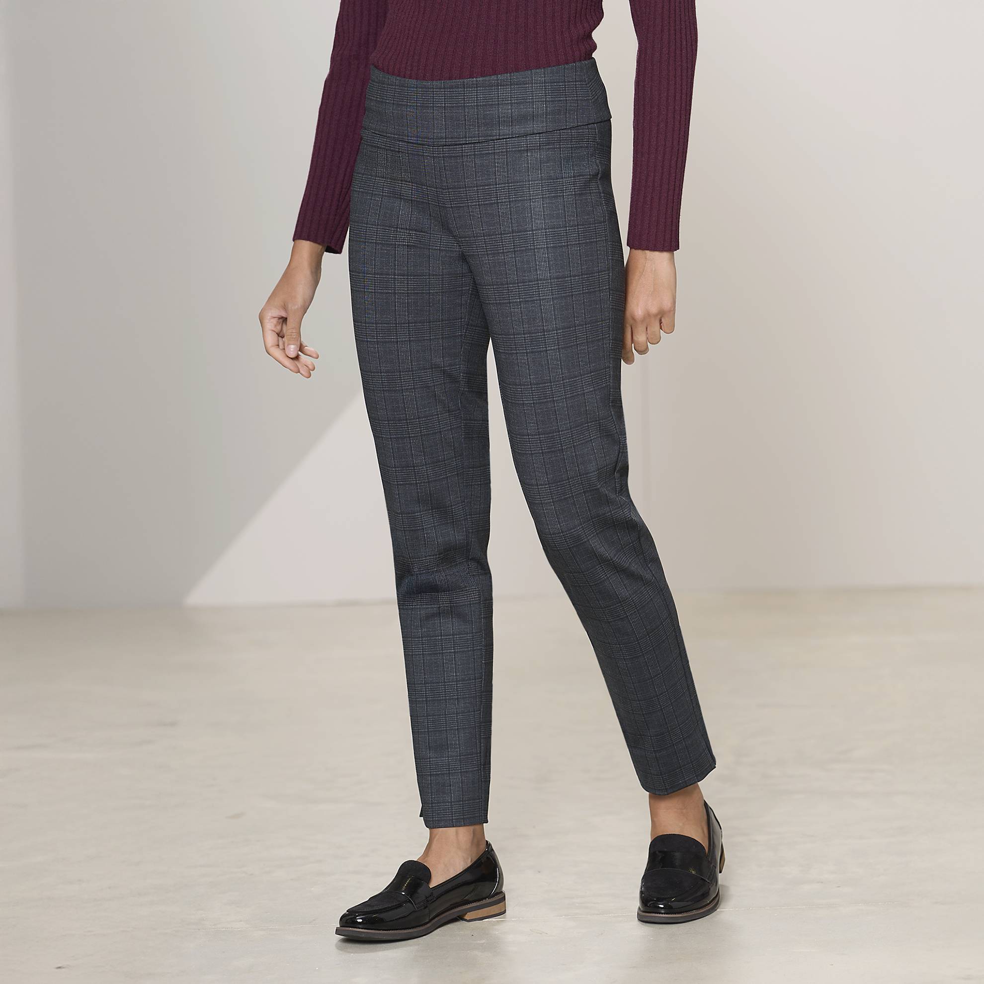 Pull-On Plaid Ankle Pants, Slim Tapered Leg, Notched Hem - Northstyle Catalog