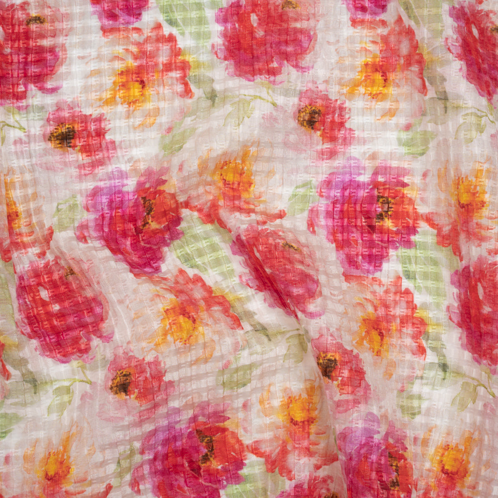 Ruched Silk Blend Striped Dobby Made in Italy - Hot Pink, Golden Yellow and Sage Green Soft Florals - Deadstock - Joann Fabrics