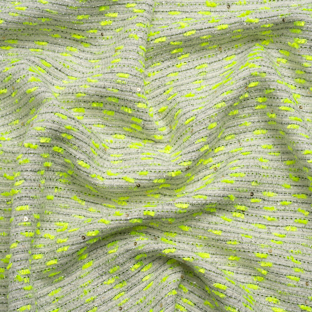 Chenille Woven with Sequins and Eyelash Fringe - White, Neon Yellow and Metallic Silver - Joann Fabrics