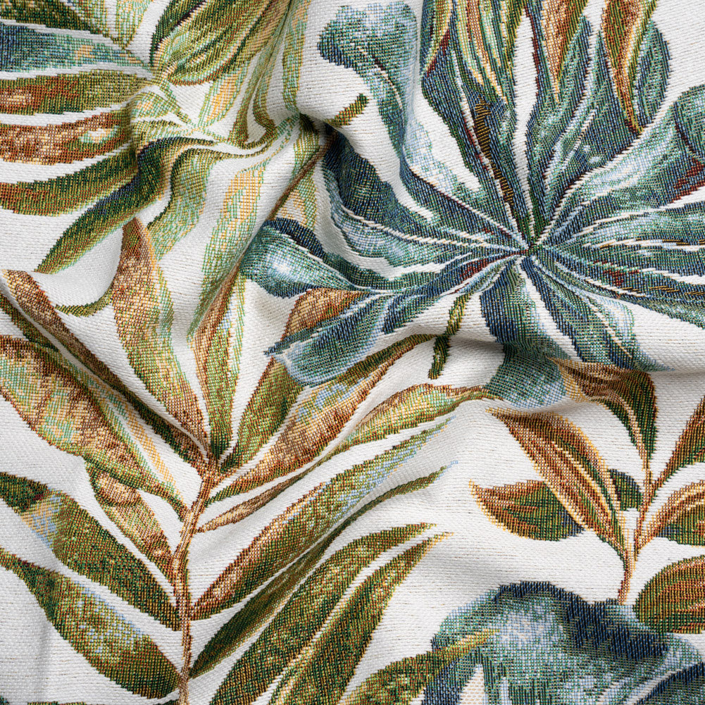 White and Green Tropical Leaves Polyester and Cotton Jacquard - Joann Fabrics