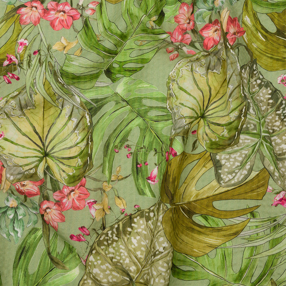 Cotton and Viscose Striped Seersucker Print - Green and Pink Tropical Leaves and Flowers - Mood Exclusive Monstera Mambo - Joann Fabrics