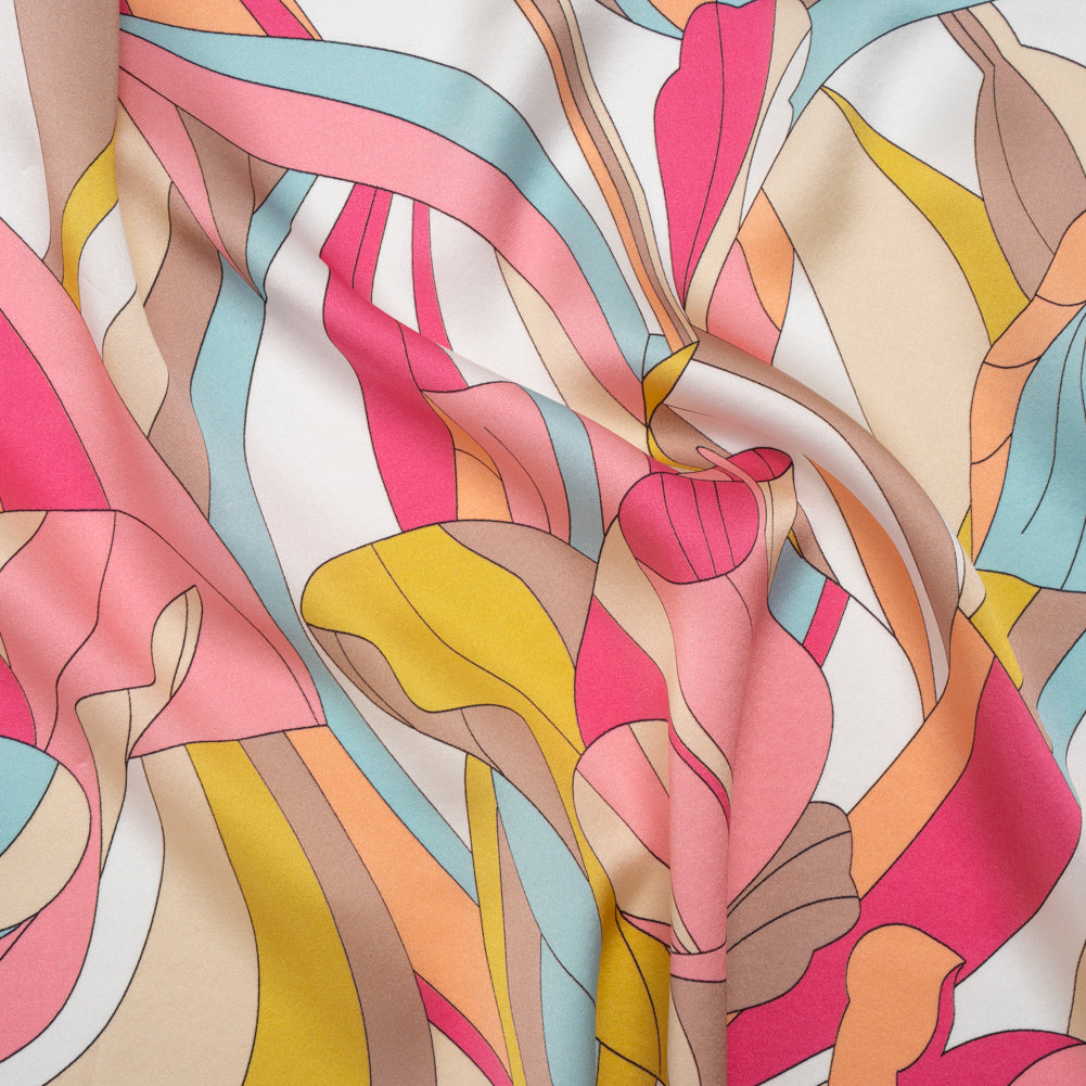 Silk Charmeuse Print 16MM, Made in Italy - Peachy Pink, Sky Blue and Taupe Retro Florals - Joann Fabrics