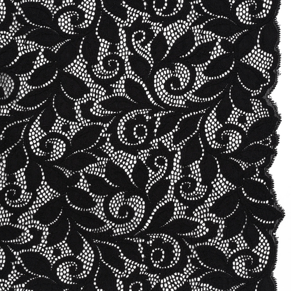Stretch Re-Embroidered Lace with Finished Edges - Black Curling Leafy Stems - Joann Fabrics