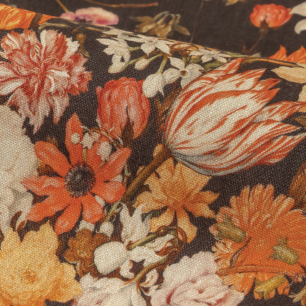 Red, Orange and Dark Brown Bouquets Stretch Linen and Rayon Woven - Joann Fabrics