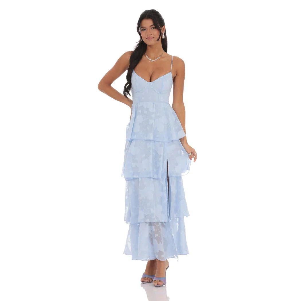Floral Ruffle A-line Maxi Dress in Sky Blue: S
