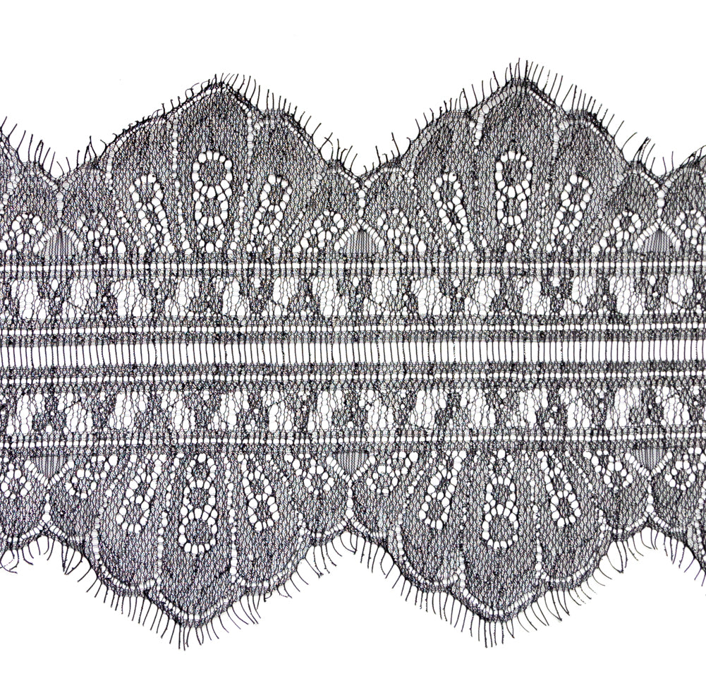 European Black and Metallic Silver Chantilly Eyelash Lace Trim - 7.25