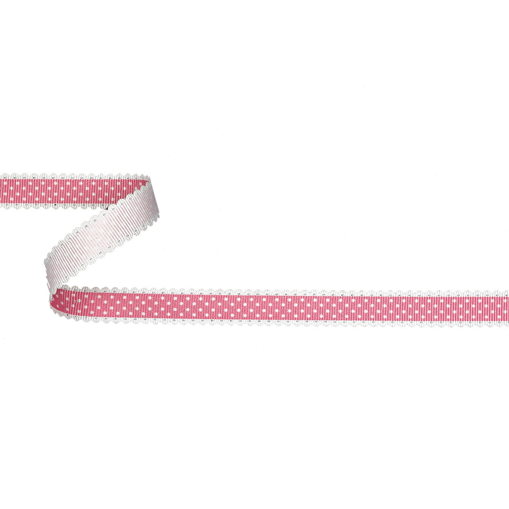 Pink and White Alyssum Scalloped Edge Polka Dot Grosgrain Ribbon - 0.625